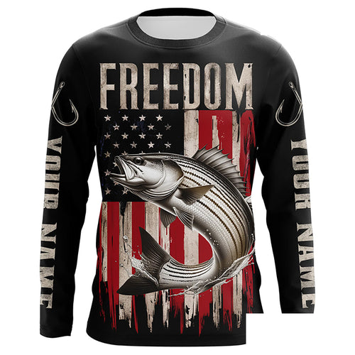 Personalized Patriotic Striped Bass Long Sleeve Fishing Shirts, American Flag Fishing Shirts IPHW6811