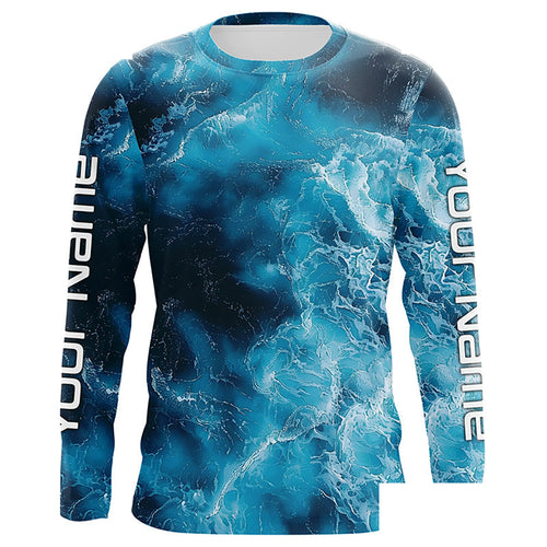 Blue Sea Waves Ocean Camo Long Sleeve Uv Protection Fishing Shirts, Personalized Fishing Jersey IPHW7192