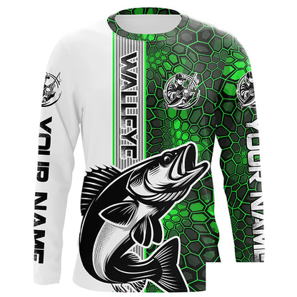 Walleye Fishing Custom Grunge Long Sleeve Tournament Shirts, Walleye Fishing Jerseys | Green Camo IPHW6637