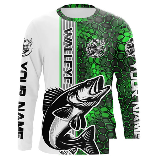 Walleye Fishing Custom Grunge Long Sleeve Tournament Shirts, Walleye Fishing Jerseys | Green Camo IPHW6637
