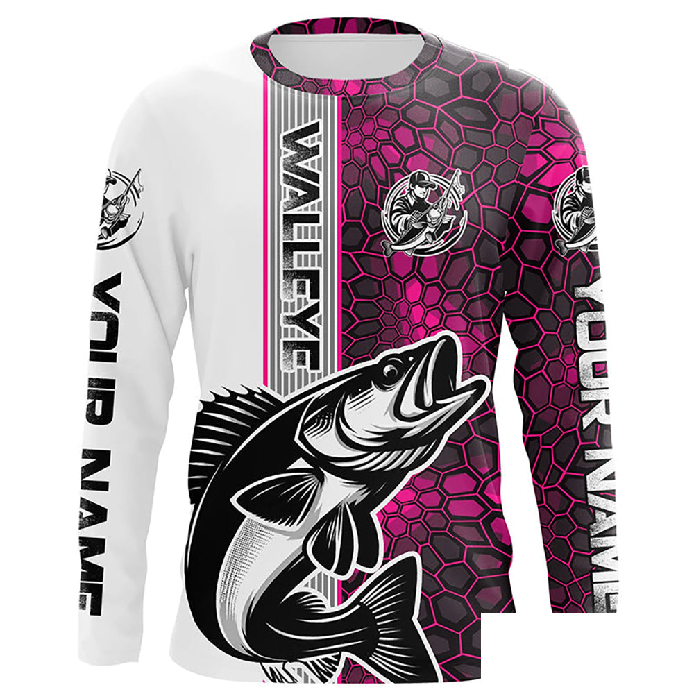 Walleye Fishing Custom Grunge Long Sleeve Tournament Shirts, Walleye Fishing Jerseys | Pink Camo IPHW6638