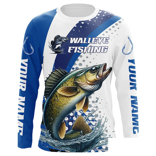 Custom Walleye Long Sleeve Fishing Shirts, Walleye Fishing Tournament Shirts | Blue IPHW6830