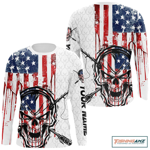 American Flag Fishing Skull Custom Long Sleeve Fishing Shirts, Patriotic Fishing Jerseys IPHW6996