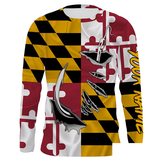 Maryland Flag 3D Fish Hook Custom Men Long Sleeve performance Fishing Shirts, Patriotic Fishing apparel - HPW47