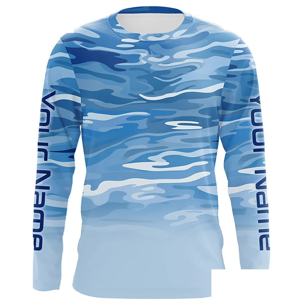 Blue Camo Custom Long Sleeve Tournament Performance Fishing Shirts For Charter Fishing Trip IPHW5795