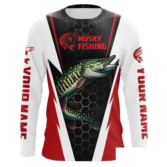 Personalized Musky Fishing Long Sleeve Tournament Fishing Shirts, Musky Fishing Jerseys |Red IPHW6141