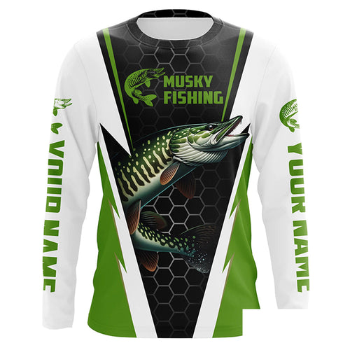 Personalized Musky Fishing Long Sleeve Tournament Fishing Shirts, Musky Fishing Jerseys |Green IPHW6142