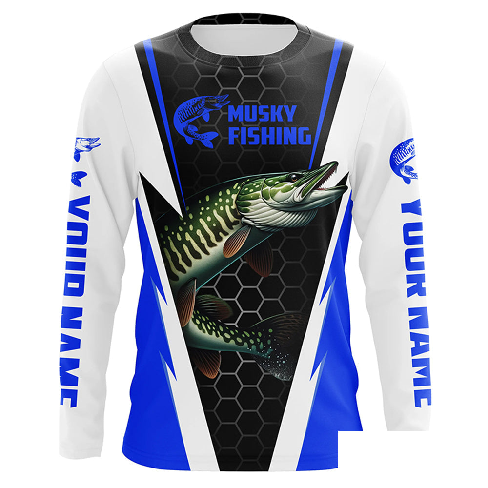 Personalized Musky Fishing Long Sleeve Tournament Fishing Shirts, Musky Fishing Jerseys |Blue IPHW6143