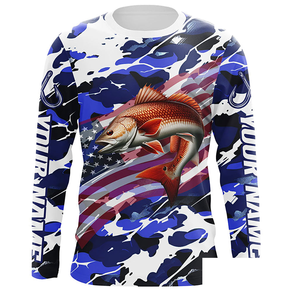 Redfish Fishing American Flag Blue Camo Custom Long Sleeve Shirts, Redfish Saltwater Fishing Shirts IPHW6508