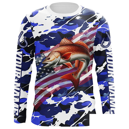 Redfish Fishing American Flag Blue Camo Custom Long Sleeve Shirts, Redfish Saltwater Fishing Shirts IPHW6508