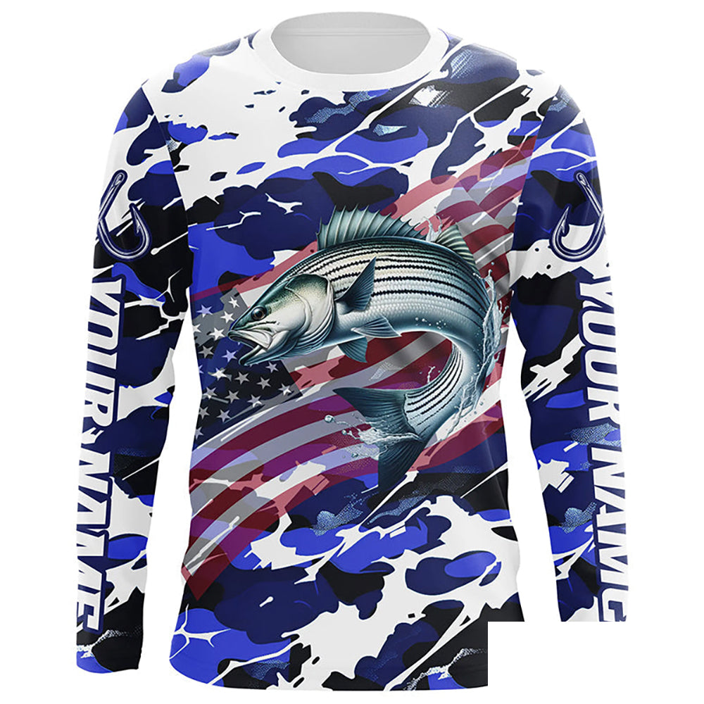 Striped Bass Fishing American Flag Camo Custom Long Sleeve Shirts, Striper Saltwater Fishing Shirts IPHW6509