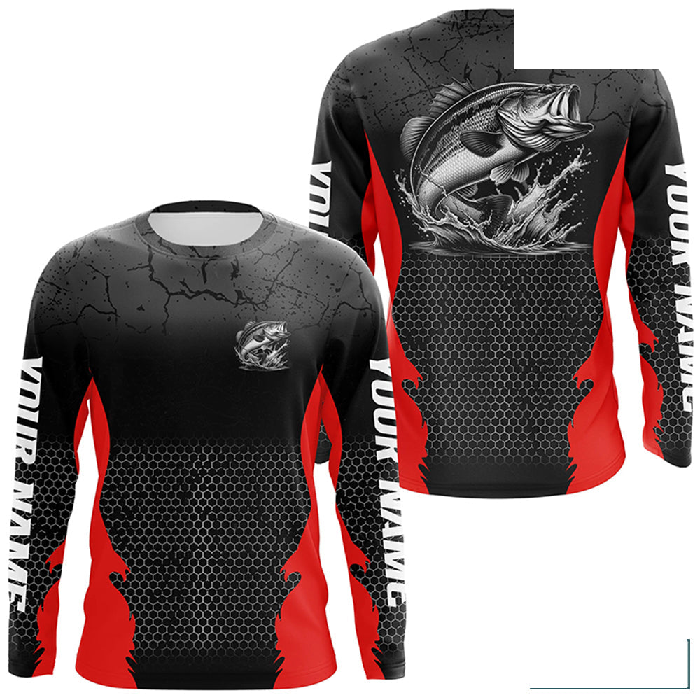 Personalized Largemouth Bass Fishing Jerseys, Bass Long Sleeve Tournament Fishing Shirts |Red IPHW6663