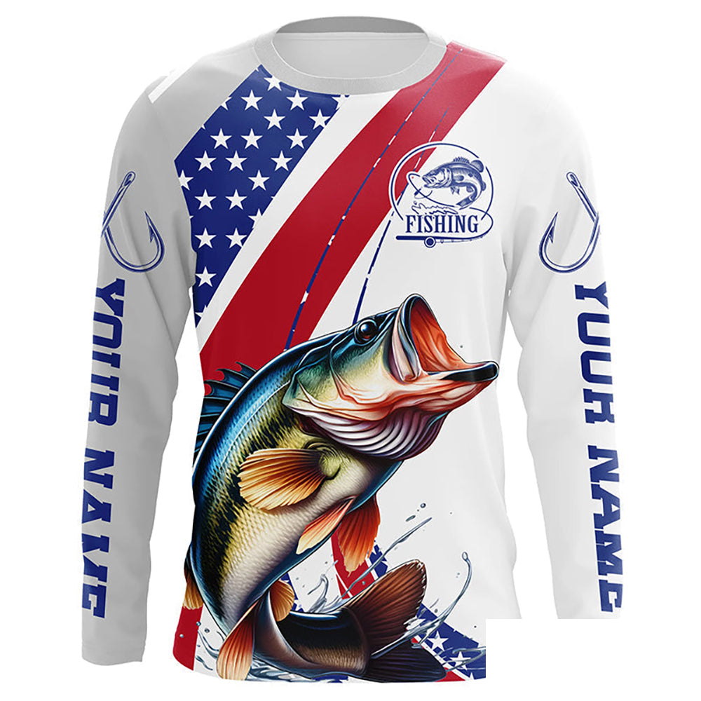 Custom Patriotic Bass Long Sleeve Fishing Shirts, Personalized Bass Fishing Jersey IPHW6846