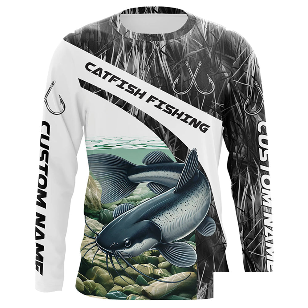 Gray Camo Custom Catfish Fishing Long Sleeve Fishing Shirts, Catfish Fishing Jerseys IPHW7016