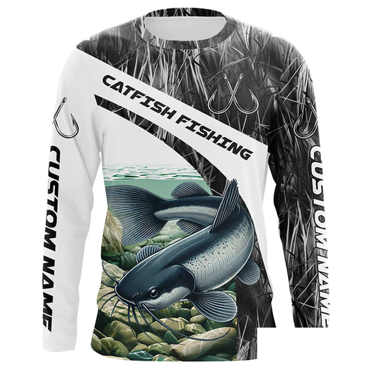 Gray Camo Custom Catfish Fishing Long Sleeve Fishing Shirts, Catfish Fishing Jerseys IPHW7016
