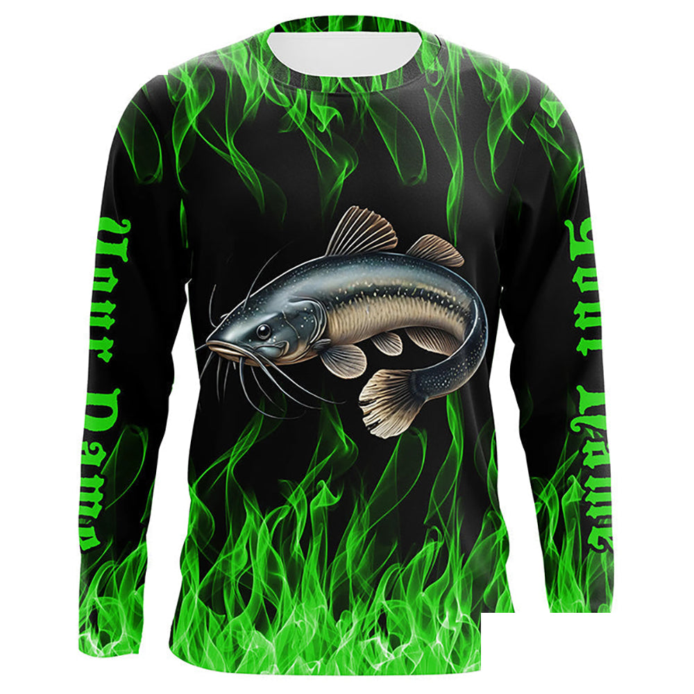 Catfish Fishing Custom Long Sleeve Fishing Shirts, Green Flame Catfish Fishing Tournament Shirt IPHW7018