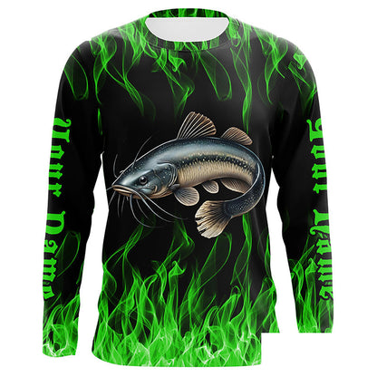 Catfish Fishing Custom Long Sleeve Fishing Shirts, Green Flame Catfish Fishing Tournament Shirt IPHW7018