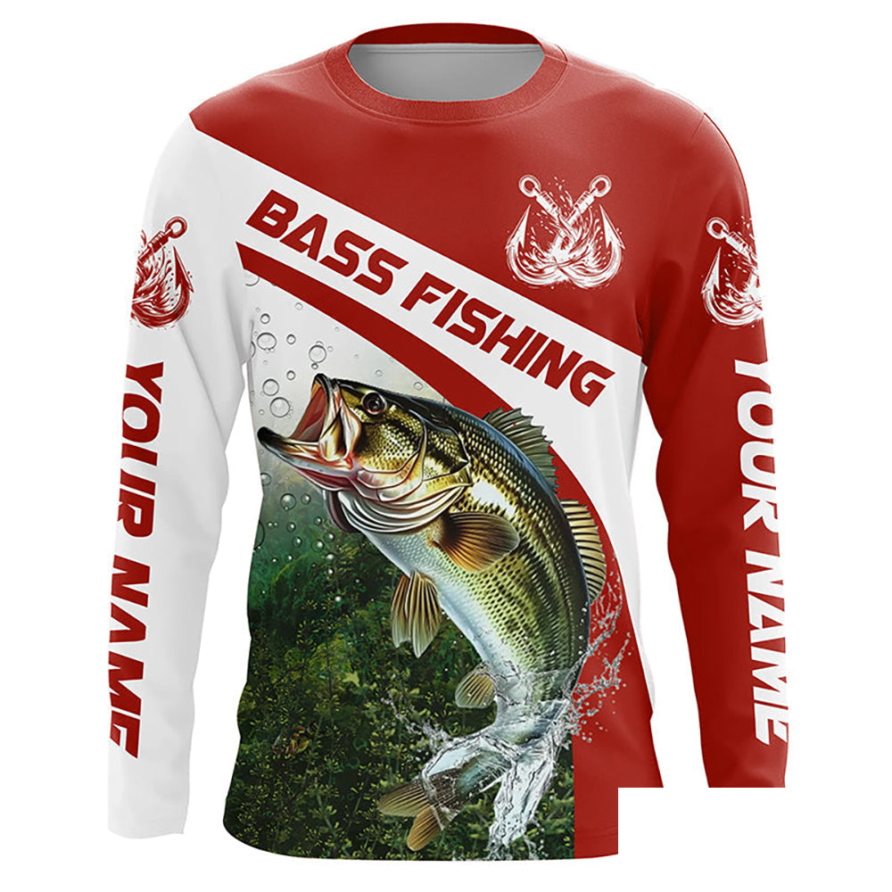 Custom Bass Fishing Long Sleeve Tournament Fishing Shirts, Bass Performance Fishing Jerseys | Red IPHW5801