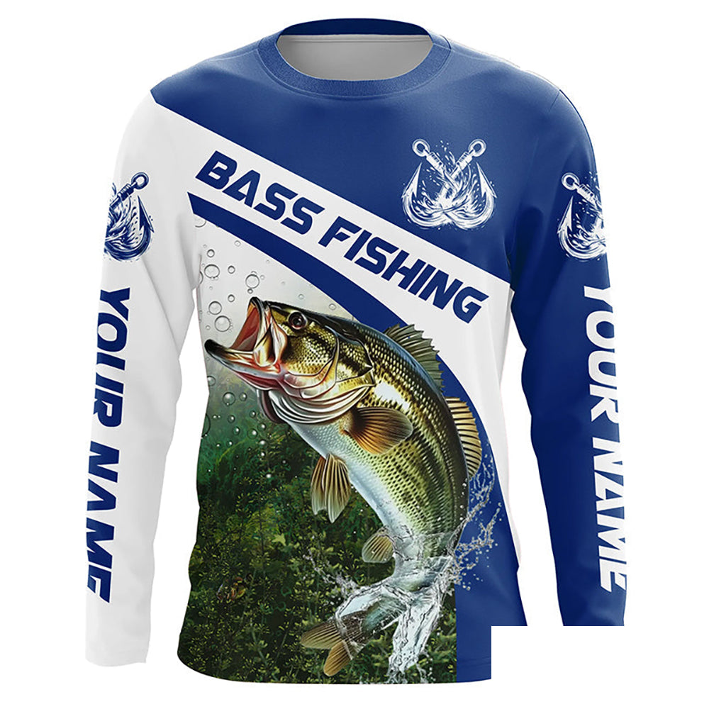 Custom Bass Fishing Long Sleeve Tournament Fishing Shirts, Bass Performance Fishing Jerseys | Blue IPHW5802