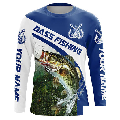 Custom Bass Fishing Long Sleeve Tournament Fishing Shirts, Bass Performance Fishing Jerseys | Blue IPHW5802