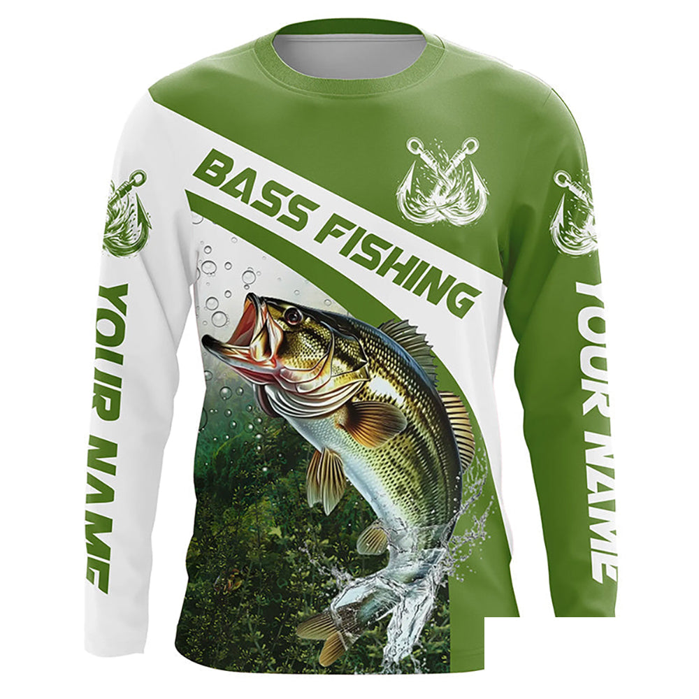 Custom Bass Fishing Long Sleeve Tournament Fishing Shirts, Bass Performance Fishing Jerseys | Green IPHW5803