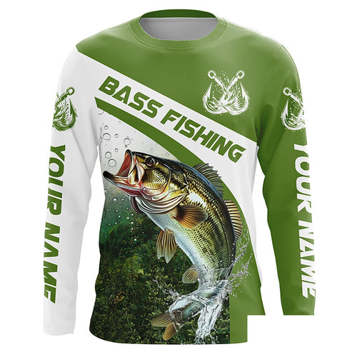 Custom Bass Fishing Long Sleeve Tournament Fishing Shirts, Bass Performance Fishing Jerseys | Green IPHW5803