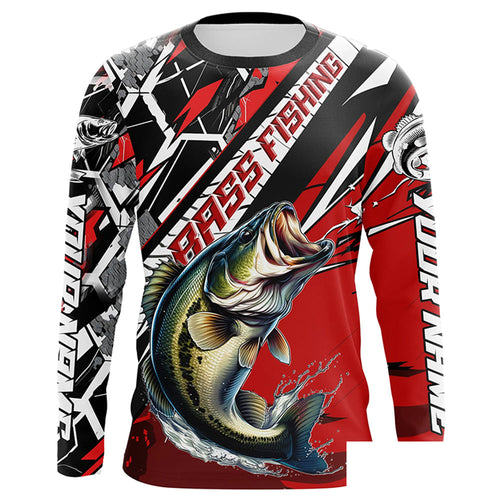 Black And Red Bass Long Sleeve Tournament Fishing Shirts, Custom Bass Fishing Jerseys IPHW6203