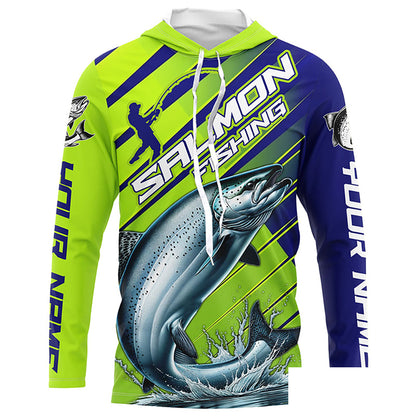 Chinook Salmon Custom Long Sleeve Fishing Shirts, Salmon Fisherman Fishing Jerseys | Green And Blue IPHW6209