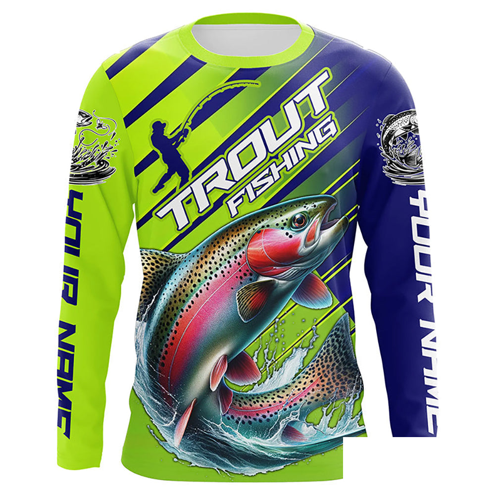 Rainbow Trout Custom Long Sleeve Fishing Shirts, Trout Fly Fishing Jerseys | Green And Blue IPHW6210