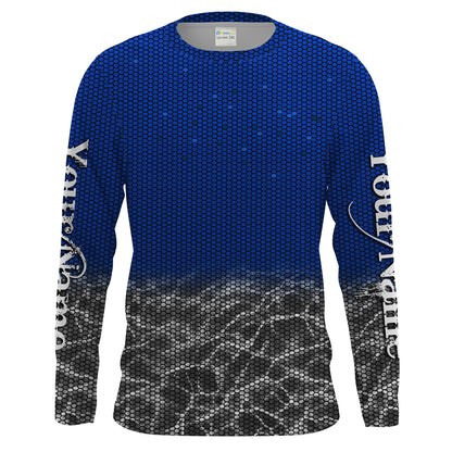 Custom Blue Fishing camo Long Sleeve performance Fishing Shirts, UV Protection Fishing apparel - HPW243
