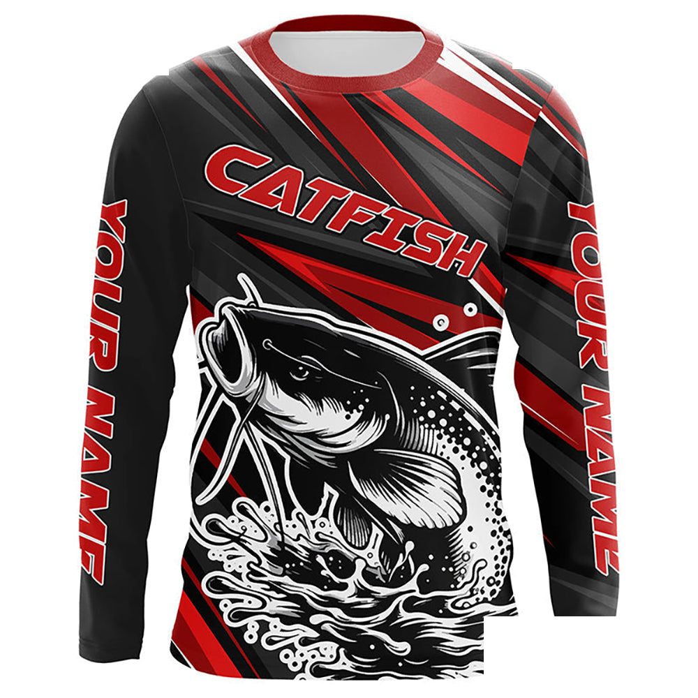 Black And Red Catfish Fishing Jerseys, Custom Catfish Fishing Long Sleeve Fishing Shirts IPHW7021