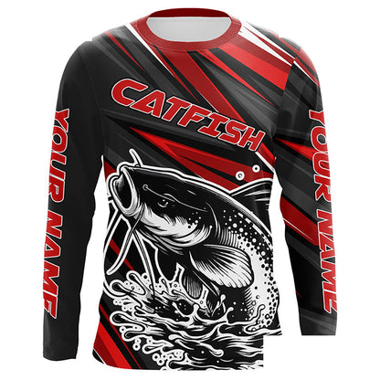 Black And Red Catfish Fishing Jerseys, Custom Catfish Fishing Long Sleeve Fishing Shirts IPHW7021