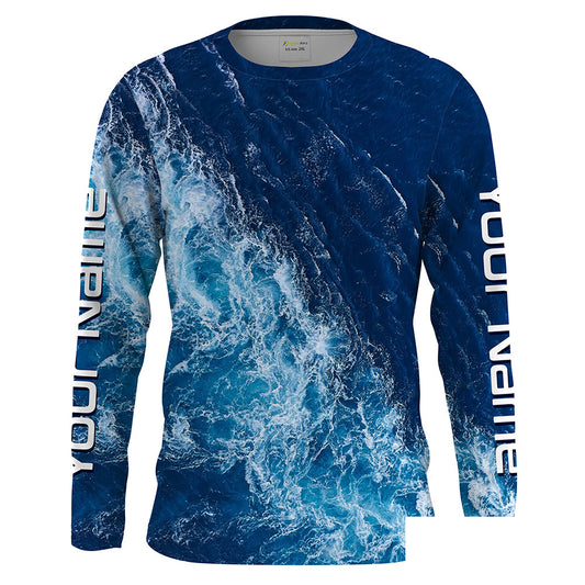 Custom Saltwater Long sleeve performance Fishing Shirts UV Protection, blue ocean sea wave Fishing apparel - HPW245