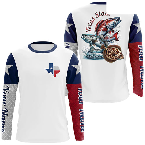 Custom Texas Flag Fishing Shirts, Texas Slam Redfish, Trout, Fllounder Long Sleeve Shirts IPHW6228