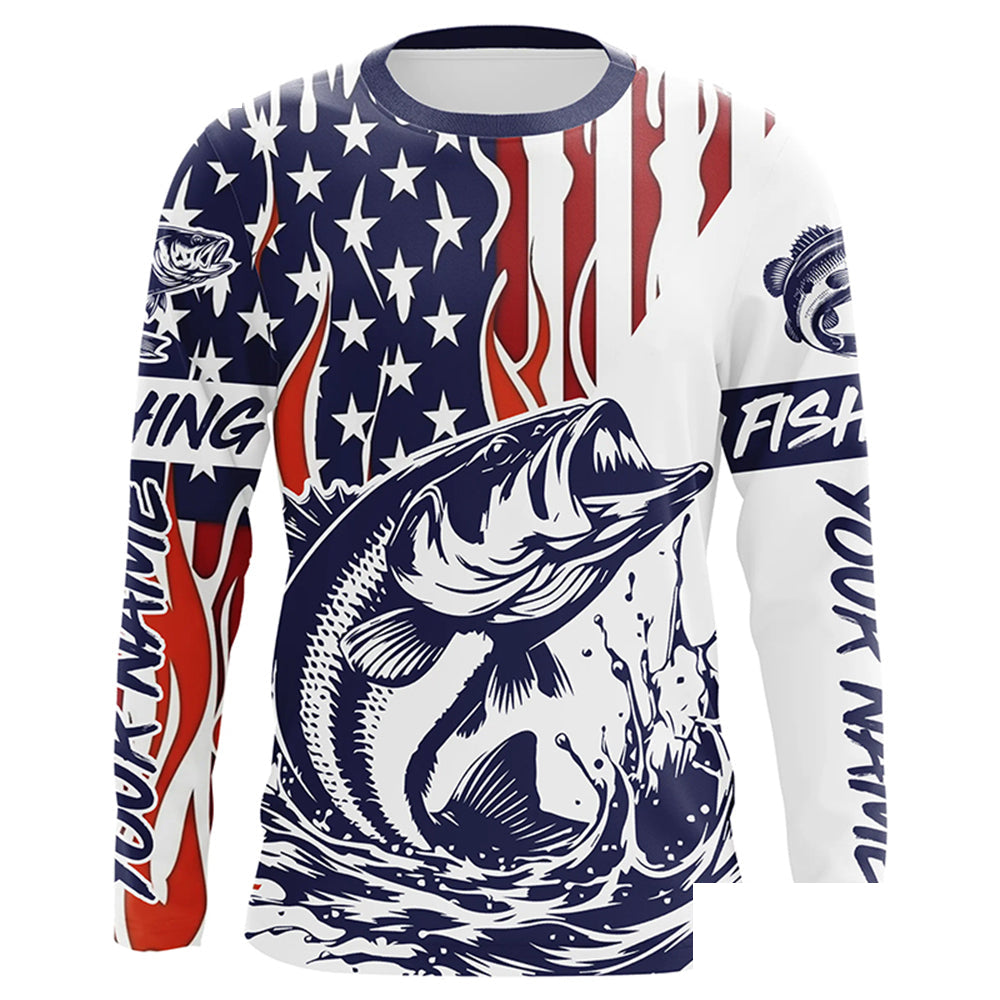 Flame American Flag Custom Bass Long Sleeve Tournament Fishing Shirts, Patriotic Bass Fishing Jersey IPHW5942