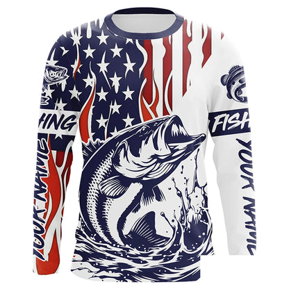 Flame American Flag Custom Bass Long Sleeve Tournament Fishing Shirts, Patriotic Bass Fishing Jersey IPHW5942
