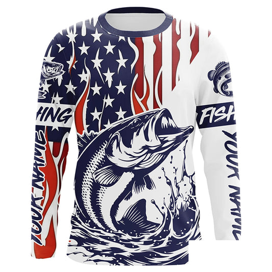 Flame American Flag Custom Bass Long Sleeve Tournament Fishing Shirts, Patriotic Bass Fishing Jersey IPHW5942