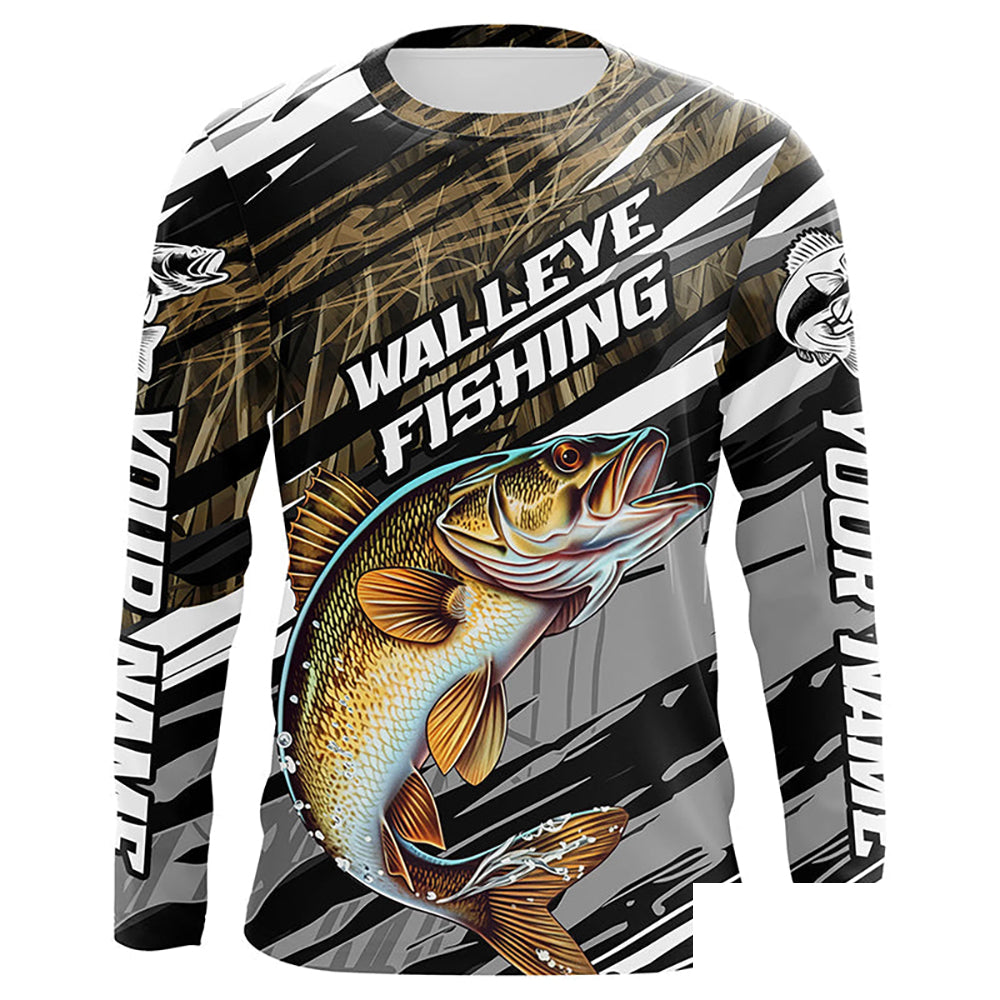 Walleye Fishing Camo Long Sleeve Fishing Shirts, Custom Walleye Tournament Fishing Jerseys IPHW5947