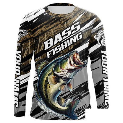 Bass Fishing Camo Long Sleeve Fishing Shirts, Custom Largemouth Bass Tournament Fishing Jerseys IPHW5948
