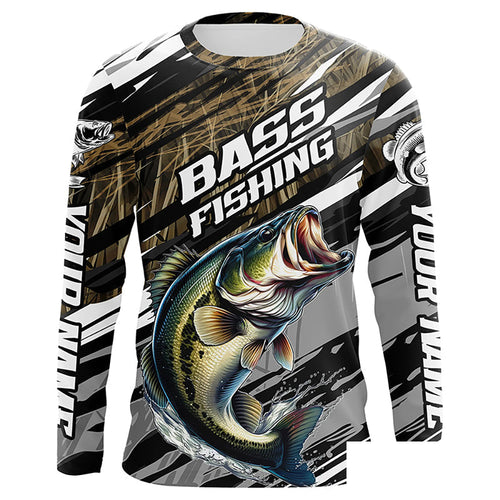 Bass Fishing Camo Long Sleeve Fishing Shirts, Custom Largemouth Bass Tournament Fishing Jerseys IPHW5948