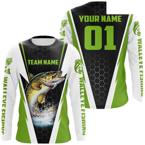 Walleye Fishing Long Sleeve Tournament Shirts For Fishing Team With Custom Name And Number | Green IPHW6236