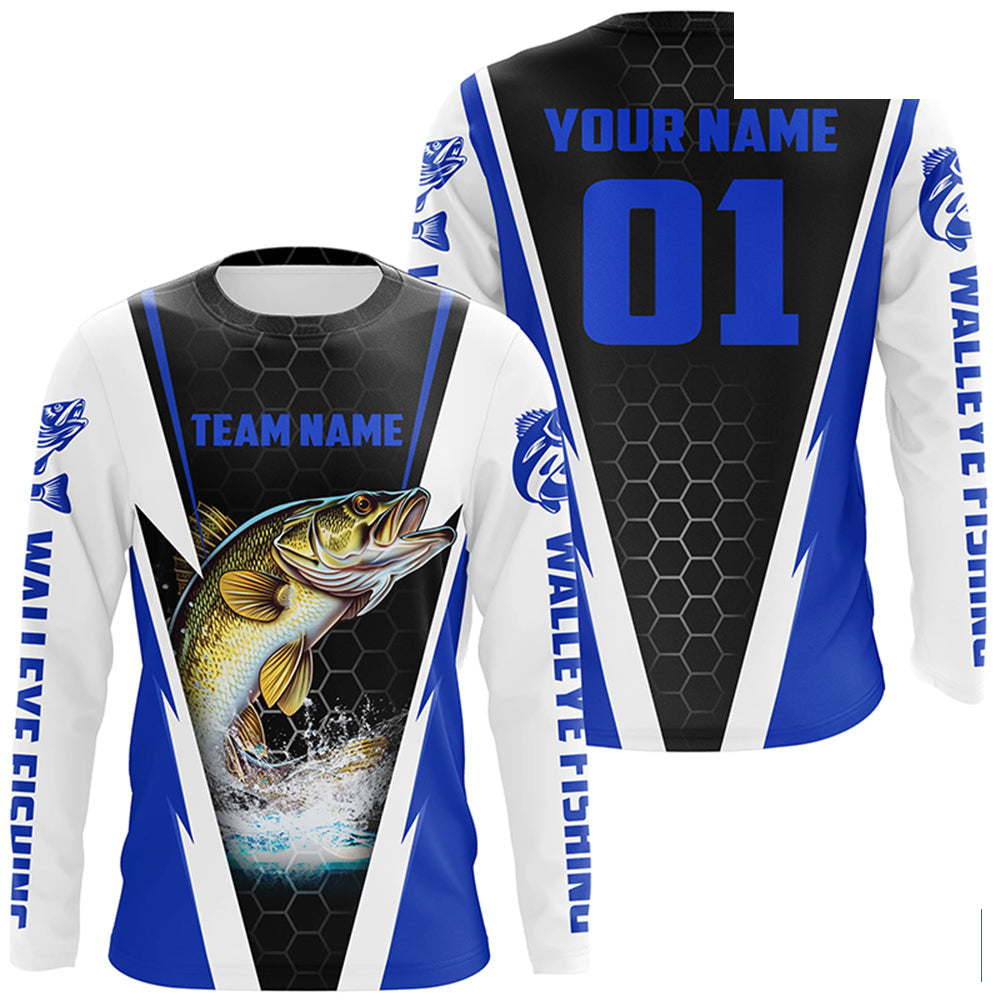Walleye Fishing Long Sleeve Tournament Shirts For Fishing Team With Custom Name And Number | Blue IPHW6237