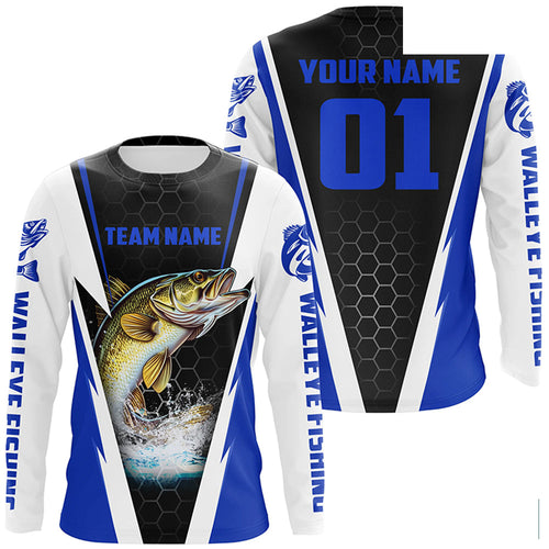 Walleye Fishing Long Sleeve Tournament Shirts For Fishing Team With Custom Name And Number | Blue IPHW6237
