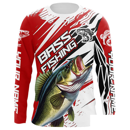 Largemouth Bass Fishing Custom Long Sleeve Tournament Shirts, Bass Fishing Jerseys | Red IPHW6243