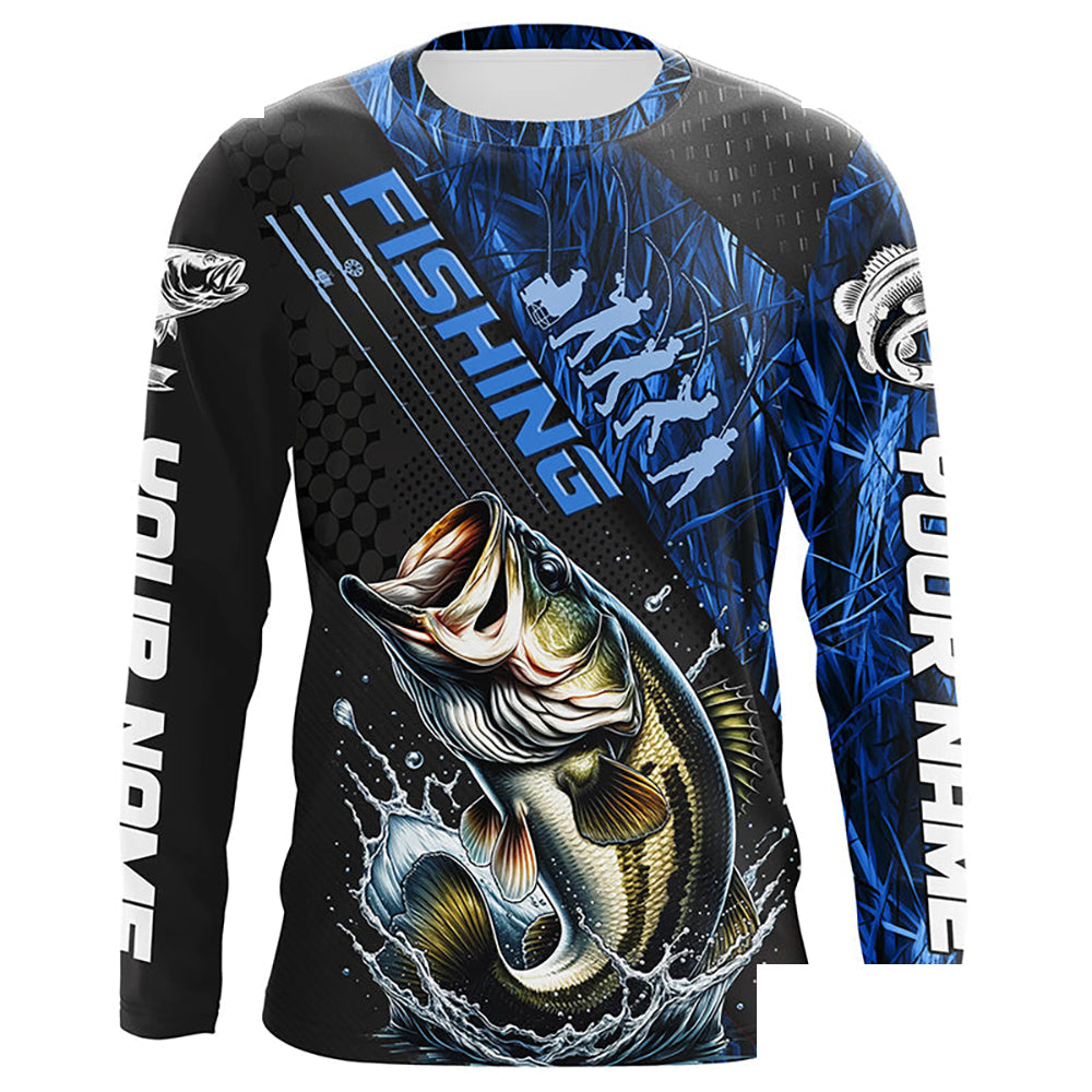 Custom Bass Fishing Long Sleeve Tournament Shirts, Bass Fisherman Jerseys | Blue Camo IPHW6248