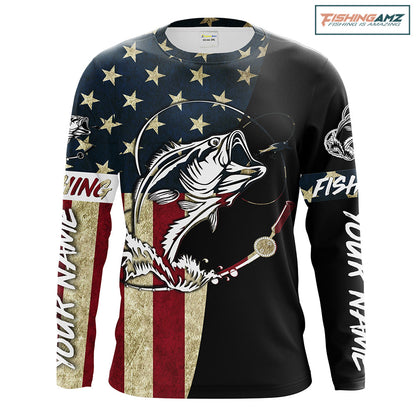 Personalized Bass Fishing American Flag Custom Long Sleeve Fishing Shirts, personalized Patriotic Fishing gifts - IPHW1193