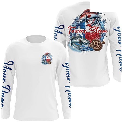 Custom Texas Slam Long Sleeve Fishing Shirts, Texas Trio Redfish, Trout, Flounder Fishing Shirts IPHW7055