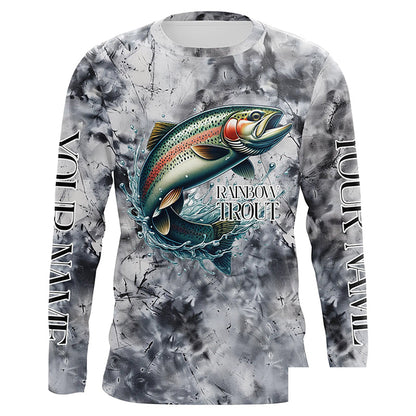 Gray Tie Dye Camo Custom Rainbow Trout Fly Fishing Shirts, Trout Long Sleeve Fishing Shirt IPHW7057
