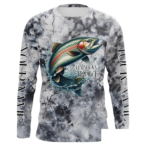 Gray Tie Dye Camo Custom Rainbow Trout Fly Fishing Shirts, Trout Long Sleeve Fishing Shirt IPHW7057