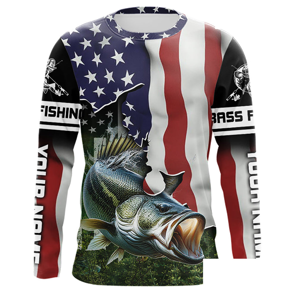 Personalized American Flag Bass Fishing Shirts, Patriotic Bass Tournament Fishing Shirts IPHW5699
